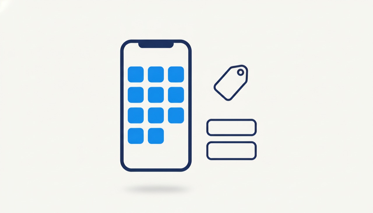 Ilustrație cu un telefon mobil, o etichetă de preț și pictograme de magazin de aplicații