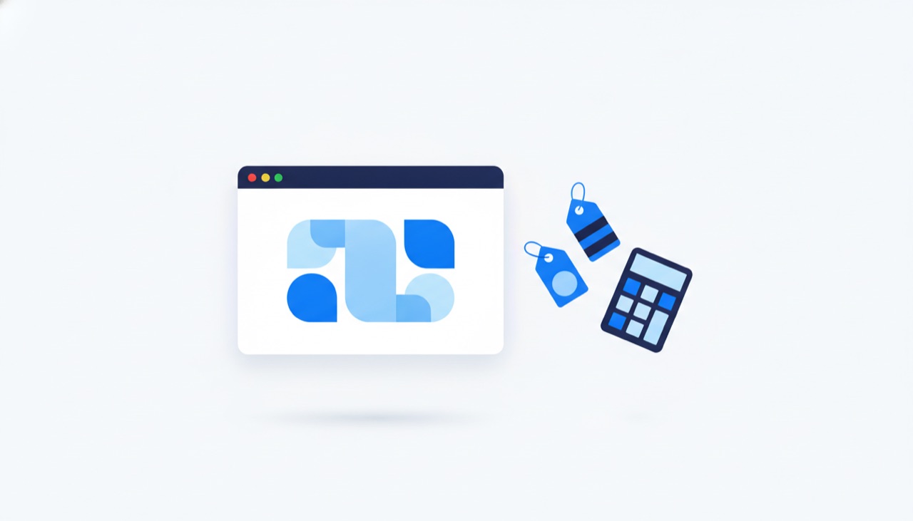 Ilustrație cu o fereastră de browser, etichete de preț și un calculator