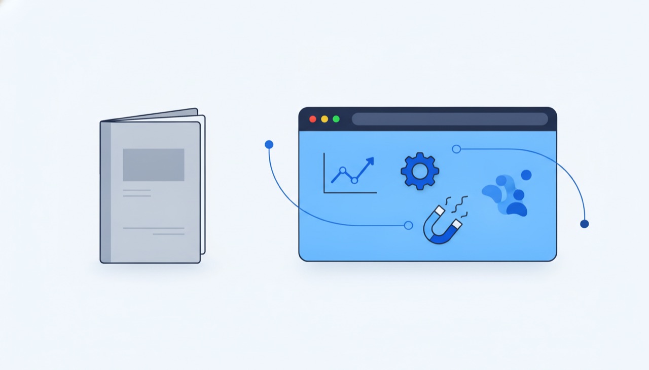Ilustrație cu o broșură gri statică față în față cu o fereastră de browser activă, cu grafic, magnet și utilizatori