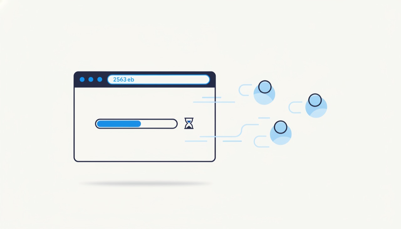 Ilustrație cu o fereastră de browser cu bară de încărcare și clepsidră, din care utilizatorii pleacă